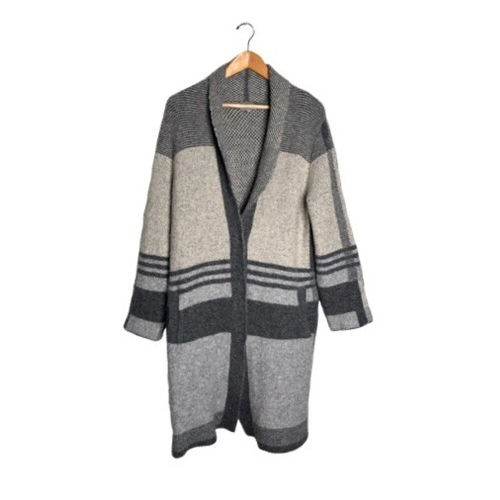 Joseph A Cardigan Duster Size Large Gray Plaid Long Snap Buttons Pockets Acrylic